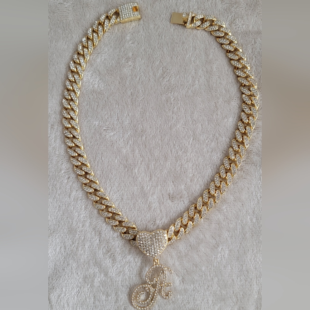 18K Gold Plated Iced Miami Cuban Link Chain With Heart/Cursive A Pendant - Picture 16 of 16